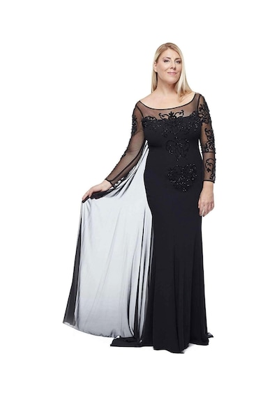 Moda Berray 8028 Uzun Kollu Arkası Şifon Kuyruklu Abiye Elbise Siyah Siyah