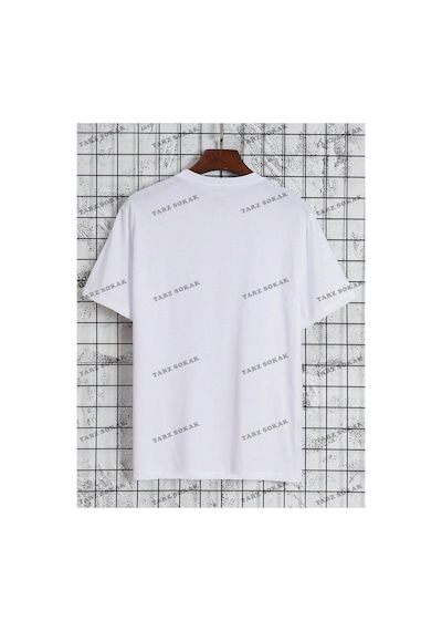 Kod Trend Erkek Büyük Beden Komik Mona Lisa Baskılı T-shirt Beyaz