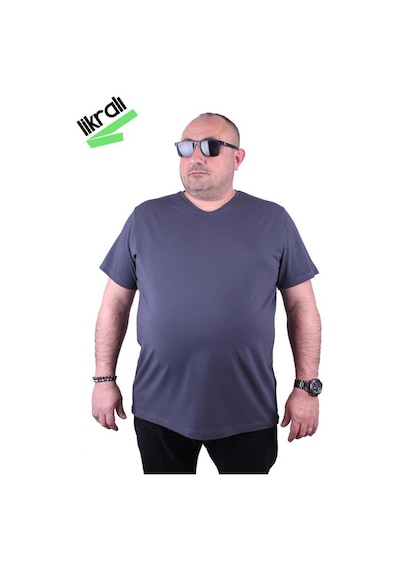 Starbattal Erkek Büyük Beden Likralı Basic V Yaka Tişört 11170 Fume-Fume Çok Renkli