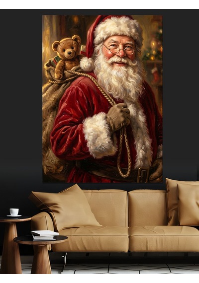Hediye Çuvalıyla Noel Baba Santa Dekoratif Kanvas - Mdf Ahşap Tablo