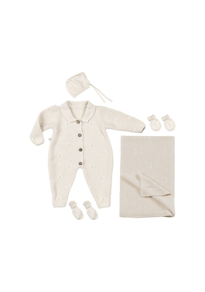 Tinylamb Premium Yenidoğan Bebek Triko Set 5 Parça Krem - Premium Bebek Hediye Seti Bej