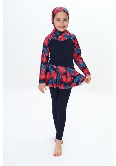 My Kids Wear Üç Parça Kız Çocuk Haşema, Tesettür, Etekli, Kapalı Mayo Kırmızı - Lacivert