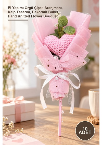 10 Adet El Örgüsü Kalp Çiçeği Buketi El Yapımı Örgü Çiçek Aranjmanı, Kalp Tasarım, Dekoratif Buket, Hand Knitted Flower Bouquet Sarı