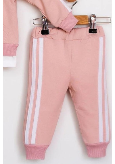 Mai Perla Yandan Çizgili Kanguru Cepli Fermuarlı Sports Wear 2 Li Bebek Takım Pembe