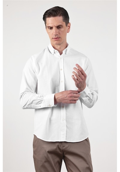 İmza Beyaz Oxford Düğmeli Yaka Uzun Kol Cepsiz Slim Fit Pamuklu Gömlek 1004260182