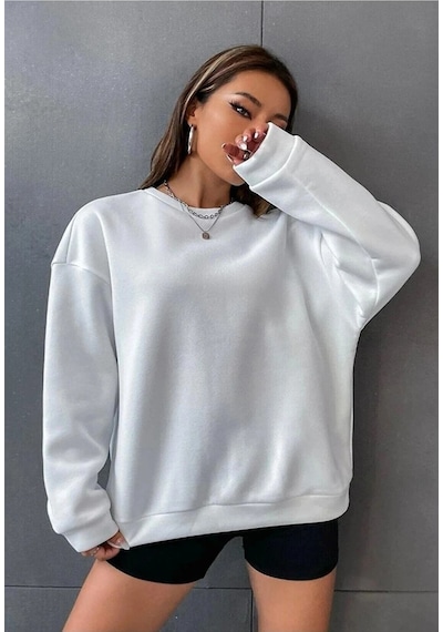 Tarzsokak Beyaz Oversize Brooklyn 1898 Baskılı Bisiklet Yaka Kapşonsuz Pamuklu Sweatshirt