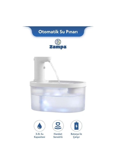 Zampa Pf-010 Oval Pet Otomatik Su Pınarı 3.2l - Bataryalı Ve Akıllı Sensörlü Sistem