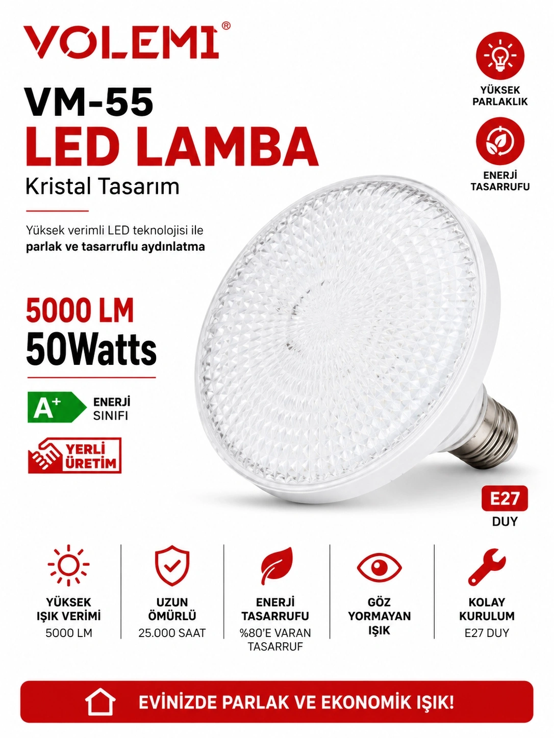 Kristal Tasarım 50w Süper Led Ampul 5000 Lümen E27 Duy Beyaz Işık Yüksek Tasarruflu Lamba Ampul 1 Adet