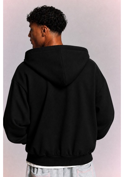 Tarz Cool Erkek 3 İplik Şardonlu Regular Fermuarlı Kapüşonlu Sweatshirt Kalın Kışlık Hoodie Siyah