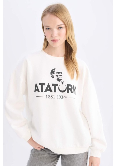 DeFacto Oversize Geniş Kalıp Bisiklet Yaka Atatürk Baskılı Sweatshirt E5447AX24WNWT32