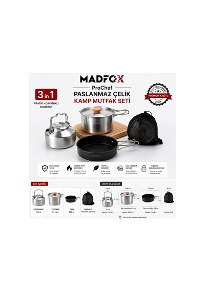 Madfox Prochef 3ın1 Paslanmaz Çelik Kamp Mutfak Seti Siyah