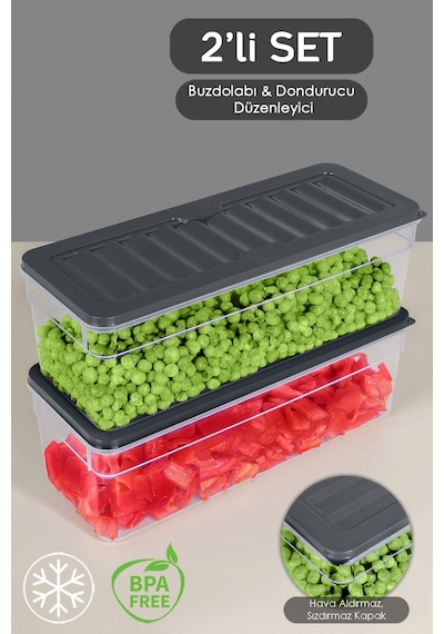 2'li Derin Buzdolabı Organizer Set Düzenleyici Saklama Kabı Mikrodalga Difriz Kabı 2470 ML Antrasit