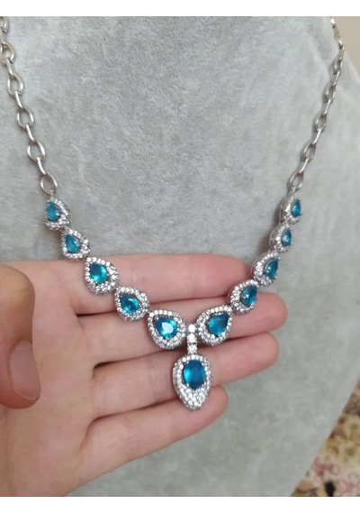 925 Gümüş Mavi Topaz Tasarım Kolye 313 Gümüş