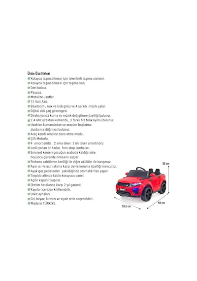 Raptor Gt 12 Volt Uzaktan Kumandalı Mp3 Bluetooth Destekli Otomatik Fren Sistemli Çocuk Akülü Araba Kırmızı