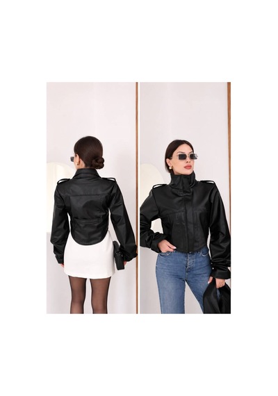 Moda Banuş Cup Detay Crop Siyah Deri Ceket