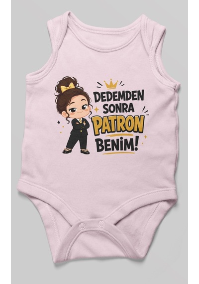 Morivokids Dedemden Sonra Patron Benim Sıfır Kollu Bebek Zıbını %100 Pamuk Bebe Pembe