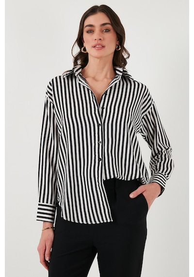 Lela Standart Fit Klasik Yaka Çizgili Bayan Gömlek 6772894 Siyah