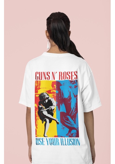 Sevbano Guns N' Roses Use Your Illusion Yazılı Sırt Baskılı Unisex Oversi Beyaz