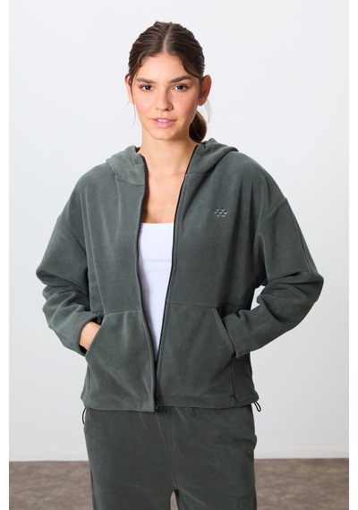Tommy Life Haki Kalın Yumuşak Dokulu Kapüşonlu Oversize Nakışlı Polar Kadın Eşofman Takım -95338 Haki