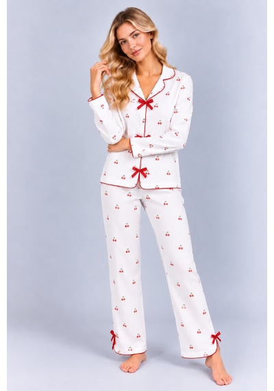 Pijamask Kadın Beyaz Kiraz Desenli Kırmızı Fiyonk Detaylı Uzun Kollu Pijama Takımı Beyaz