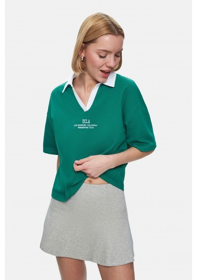 Polly Yeşil Polo Yaka Nakışlı Loose Fit Kadın Tshirt Yeşil