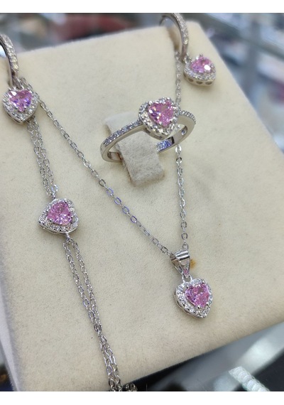 925 Ayar Gümüş Pembe Kalpli 4 'lü Gümüş Set, Kolye, Küpe, Yüzük V