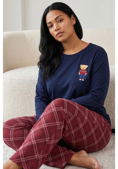 Siyah İnci Pamuklu Likralı Büyük Beden Battal Boy Örme Pijama Takım26240896 Lacivert