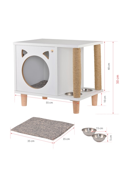 Tahta Karınca Minimalist Mobilya Kedi Evi Mama Kabı Tırmalama Halatlı