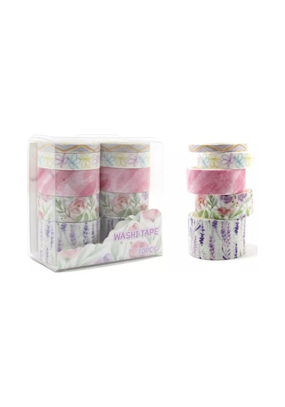 Vintage Washi Tape Bant Baskılı Yapışkanlı Maskeleme Kağıdı 45d Desenli Bant 10'lu - Pembe Çiçek Gül 1