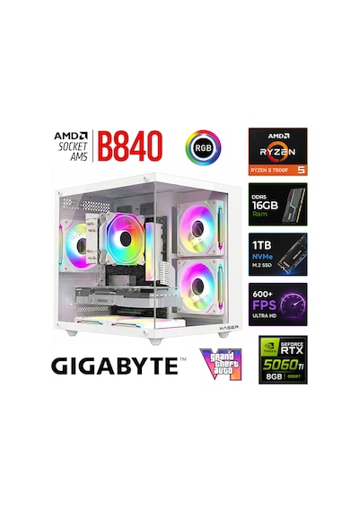 Xaser Apex X60 R5 7500F 16 GB 1 TB M.2 Nvme SSD 8 GB RTX5060 Ti Free Dos Masaüstü Oyuncu Bilgisayarı