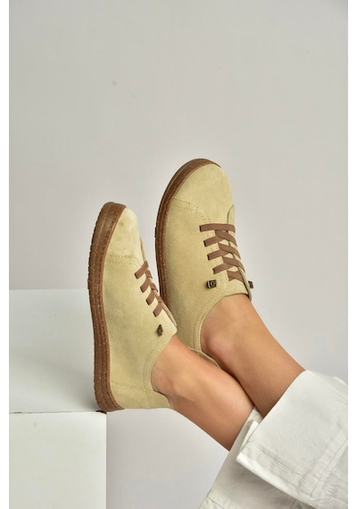 Fox Shoes Y999364003 Bej Hakiki Deri Süet Kadın Spor Ayakkabı Sneakers Bej