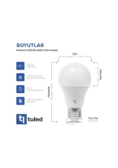 Redeem A60s E27 Led Ampul, Titreşimsiz, Göz Konforu, 596 Lümen, Tuled Beyazı, 5000 Kelvin Diğer