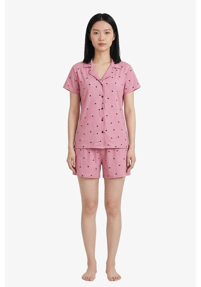 Cottonhill Pembe Kalp Desenli Yumuşak Dokulu Gömlek Yaka Kadın Şortlu Pijama Takımı Gül Pembe