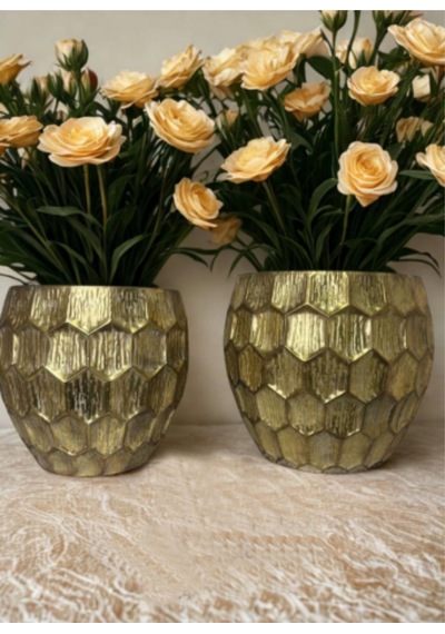 Msl-101 Metal Dekoratif Vazo Seti Büyük 44x44 Cm Küçük 39x37,5 Cm Modern Şık Salon Vazo Altın