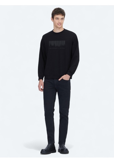 Kip Siyah Bisiklet Yaka Baskılı Sweatshirt Siyah -