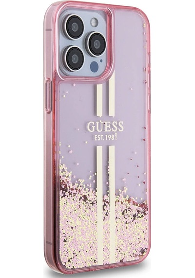 Apple Uyumlu iPhone 15 Pro Max Kılıf Guess Lisanslı Transparan Sıvılı Simli Altın Çizgili Kapak Pembe