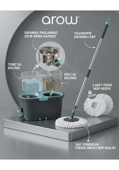 Arow Master Clean Çift Hazneli Spin Mop Seti 2 Adet Mikrofiber Paspas Hediyeli