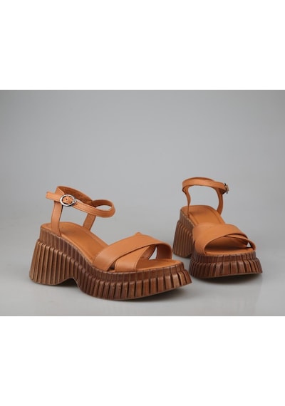 Zeyn 7934 Hakiki Deri Taba Kadın Sandalet Taba