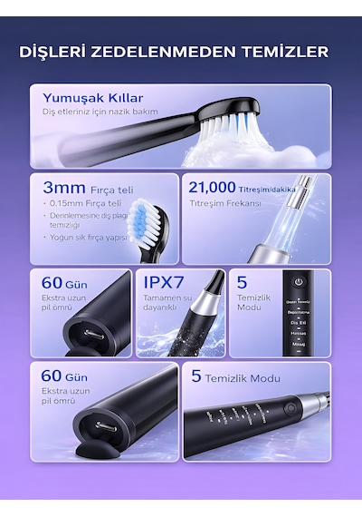 Deanb 500mah Titreşimli Elektrikli Diş Fırçası 5 Modlu 4 Yedek Başlık Beyaz