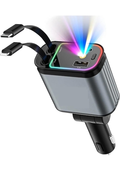 Nivego 66w Araç Çakmaklık Şarj Aleti Rgb Led Işıklı Tavan Aydınlatmalı 4 In1 Çift Kablolu Hızlı Şarj 3.4a