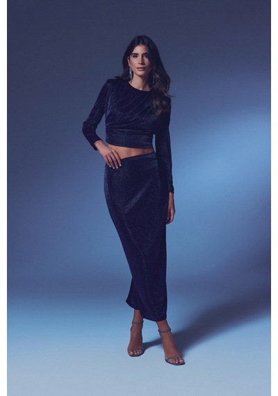 Sateen Simli Midi Etek - Lacivert-135384 Lacivert