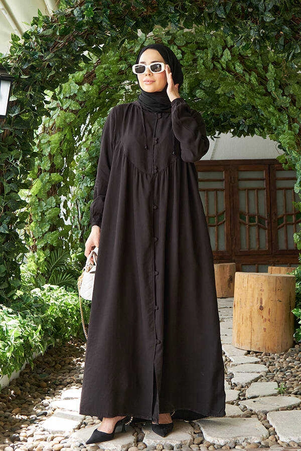 6635-parça Boyalı Brit Düğmeli Denim Ferace Siyah Siyah