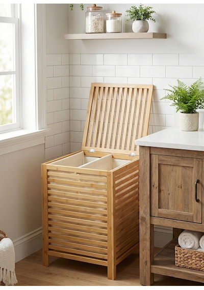 Bambu Kirli Banyo Çamaşır Sepeti İki Bölmeli Dekoratif Kare Doğal Bambu 45 45 63cm Kahverengi