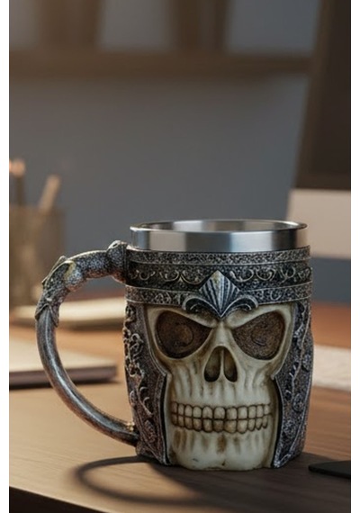 Kurukafa Tasarımlı Viking Kupası - Kasklı İskelet Mug - Paslanmaz Çelik Termal Bardak Çok Renkli