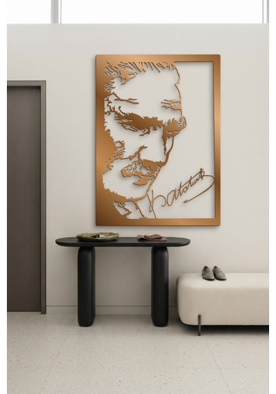 Atatürk Ve İmza Metal Duvar Tablosu - Duvar Sanatı - Duvar Dekoru - Bronz