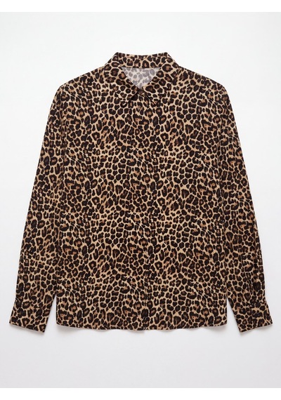 LTB Straight Fit Leopar Desenli Uzun Kollu Siyah Gömlek