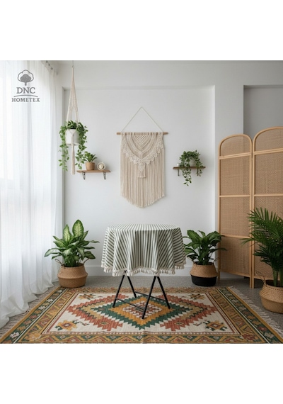 Dnc Home Tekstil Keten Yeşil Çizgili Ham Ponponlu Yuvarlak Masa Örtüsü Yeşil
