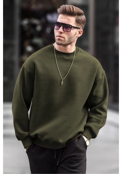 Erkek Düz Bisiklet Yaka 3 İplik Sweatshirt - Yeşil