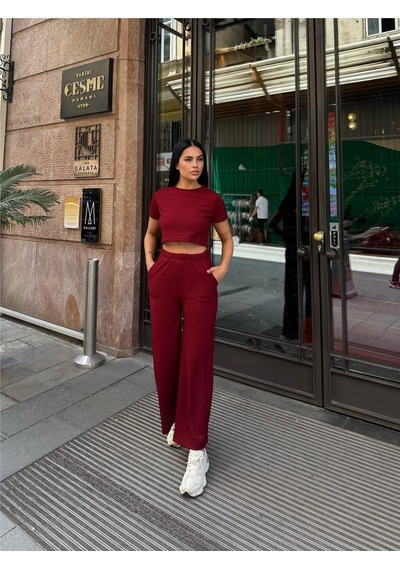 WeShaya Bordo Modal Polyester Keten Bisiklet Yaka Takım Bordo