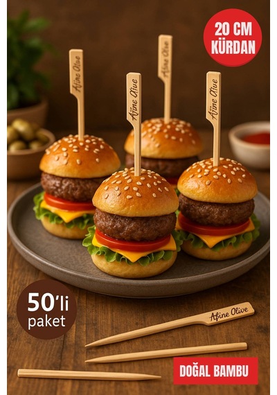 50 Li Paket 20 Cm Bambu Sunum Kürdanı Kanape, Kokteyl, Mini Hamburger, Atıştırmalık Kürdan